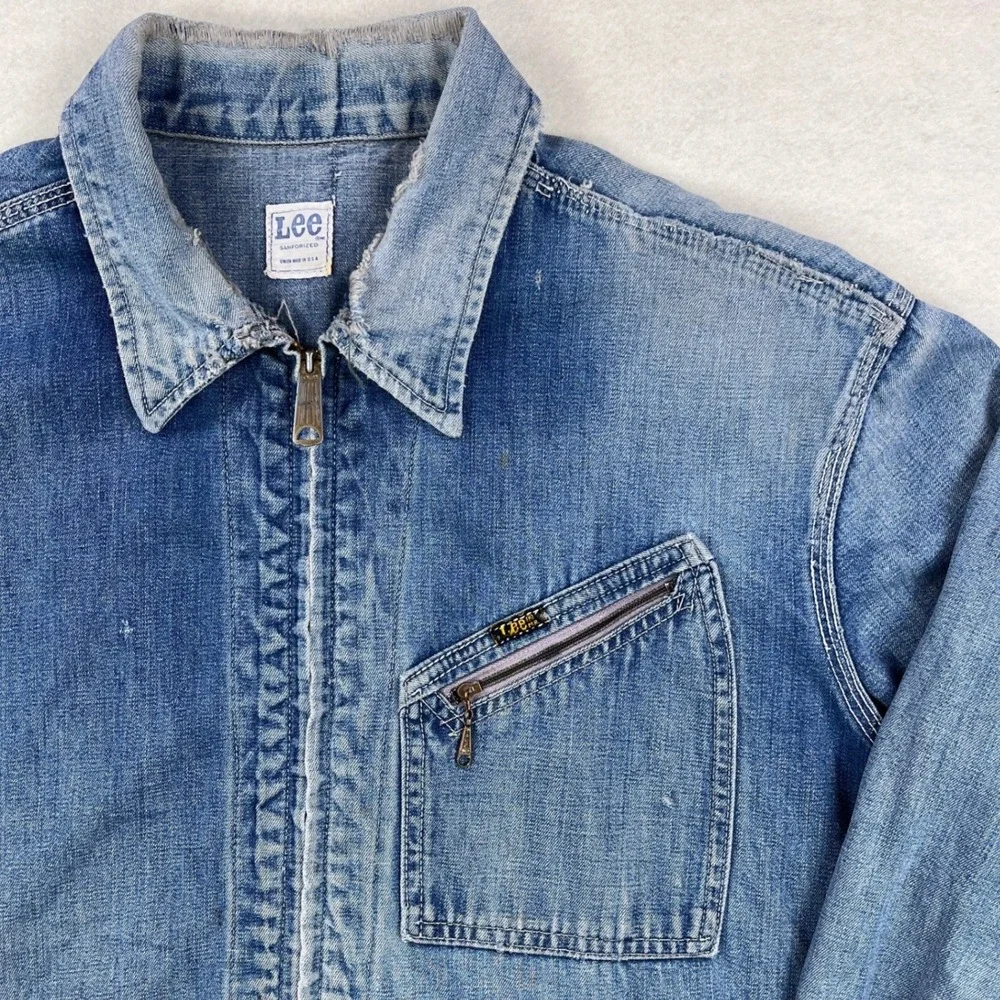 VTG 50s 60s Lee 91-B XXL Sanforized Denim Work Jacket Blue Talon Zip Union Made